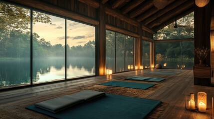Relax and rejuvenate in a tranquil yoga space overlooking a peaceful lake at sunset