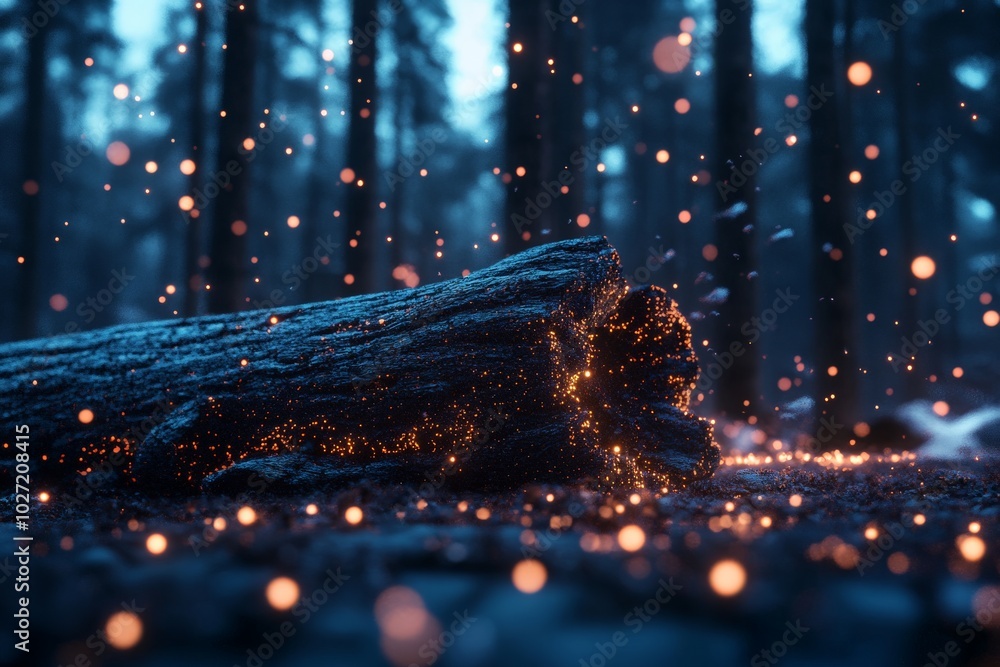 Poster a wooden log lies enchanted in a dimly lit forest setting as fireflies illuminate the scene, creatin