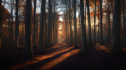 Naklejka premium Golden Sunlight Through Autumn Forest Path Nature Photography