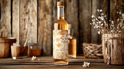 Fototapeta premium A Glass Bottle with a Floral Design Label on a Rustic Wooden Table