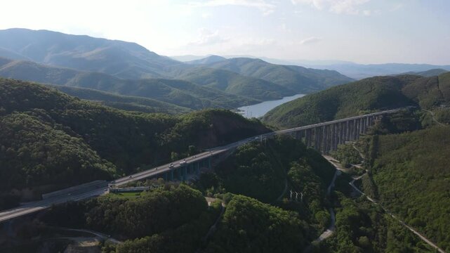 Aerial view of Vitinya Pass and Hemus (A2) motorway, Sofia Region, Bulgaria
