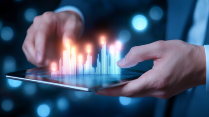 A business professional interacts with a digital tablet displaying glowing data visualizations in a modern environment.