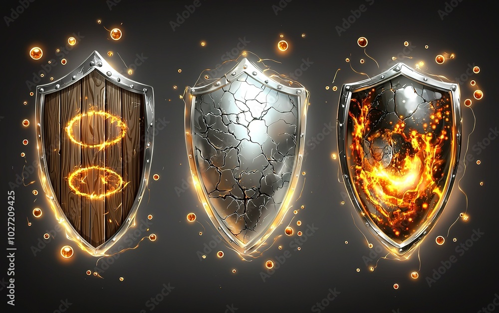 Poster display of three distinct shields showcasing different designs and visual effects against a dark tex