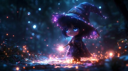 Cute little chibi witch an enchanted forest holding her wand with glowing sparks around her Fullbody 4D photographic render vibrant and realistic capturing her vivid colors and magical charm