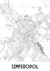 Obraz premium A detailed black and white map of Simferopol, a city in Ukraine. The map showcases the city's street network, including major roads and smaller streets. A winding river flows through the city