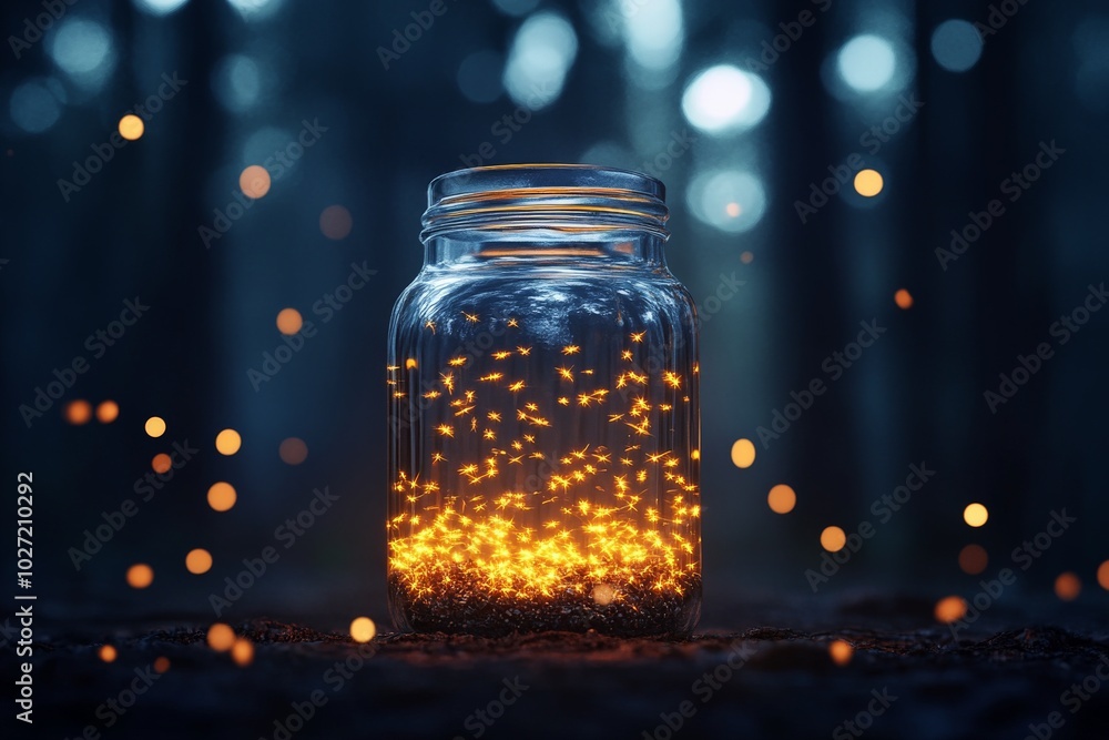 Poster a mason jar filled with glowing fireflies in a dark forest, creating an enchanting and magical scene