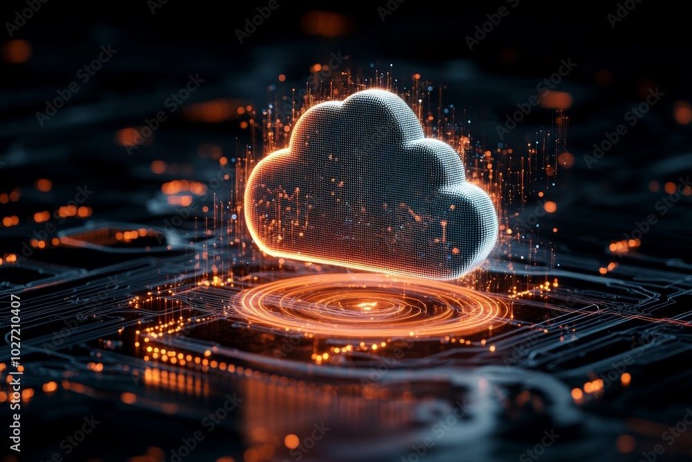 Poster a bright cloud symbol emerges from a digital platform, representing cloud computing and data storage
