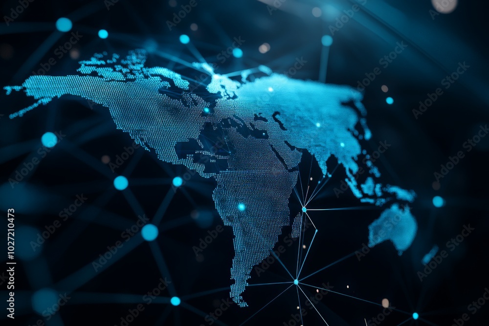 Poster a stylized world map with a network of interconnected lines, representing global communication, inte