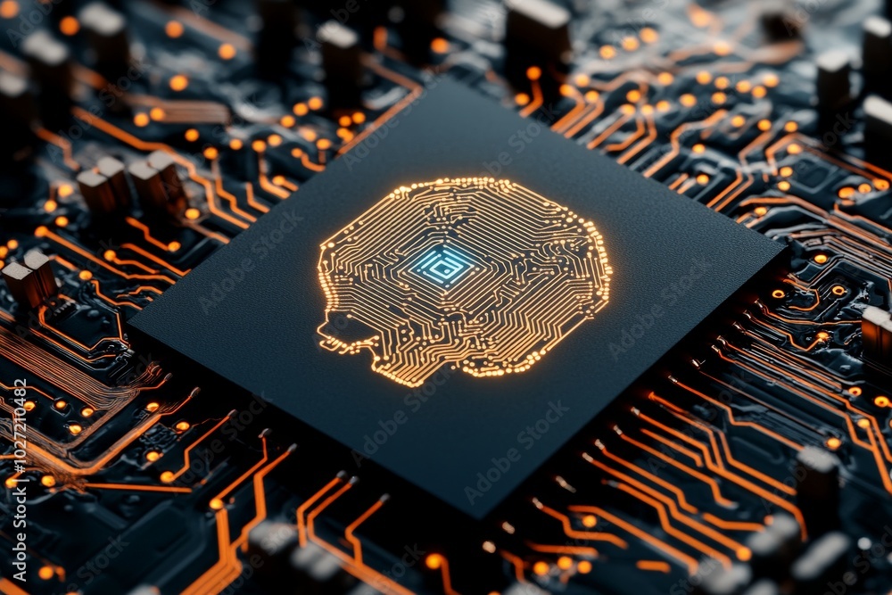 Poster a microchip design in the shape of a head with glowing circuitry, illustrating the integration of te