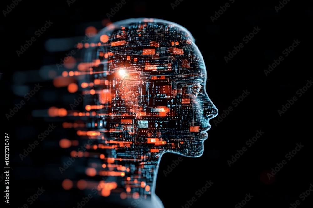 Poster profile of a digital human head integrated with a glowing circuit pattern, symbolizing artificial in