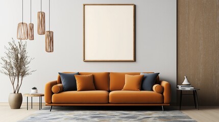 Modern living room interior with orange sofa, blue cushions, abstract artwork, pendant lighting, and minimalist decor in neutral tones.
