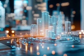 A digital cityscape featuring glowing skyscrapers and futuristic blue-orange lighting, symbolizing urban development, modern architecture, and technological progress.