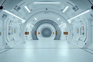 A futuristic hallway with sleek, white interiors and bright lighting, creating a sense of advanced architecture, modern design, and technological elegance.