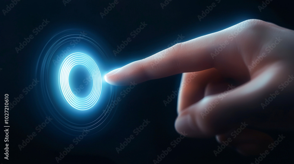 Poster a close-up of a hand reaching to interact with a glowing digital interface, symbolizing technology a