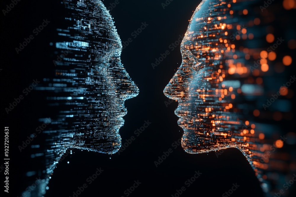 Poster a futuristic abstract image depicting two digital faces confronting each other, made of vibrant data
