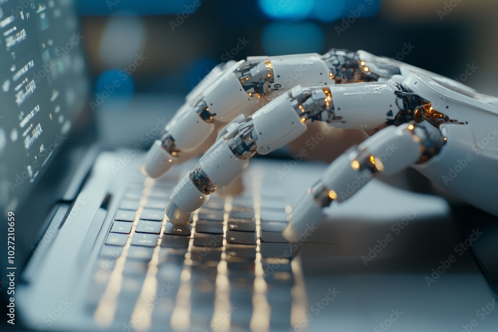 Poster a robotic hand with intricate details types swiftly on a laptop keyboard, highlighting advanced tech