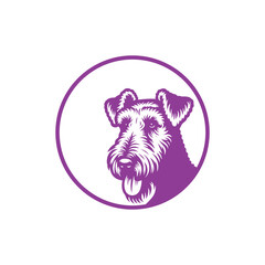 Airedale Terrier head logo, cute puppy, cute dog head logo with slogan, Text, on white background, shield logo, Cute head logo of Dog