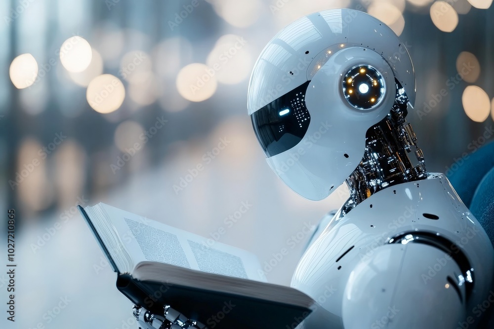 Poster a futuristic robot engrossed in reading, symbolizing the merging of technology and intellect in a we