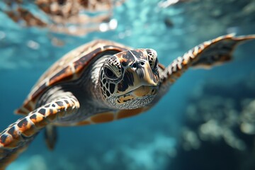 Fototapeta premium A gentle sea turtle glides gracefully through the clear, turquoise ocean waters, showcasing the beauty and tranquility of marine life in its natural habitat.