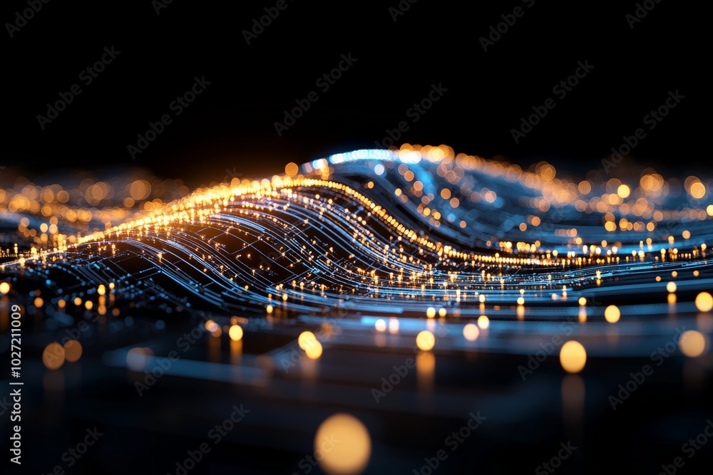 Poster An intricate web of glowing circuits forms a wave-like pattern representing the seamless flow of digital information, capturing the essence of modern technology.