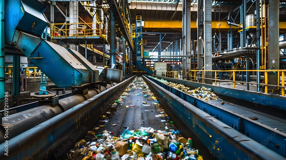 Poster efficient waste management facility with automated conveyor belts processing recyclables
