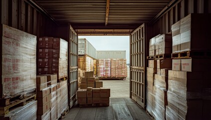 An open shipping container with stacked boxes and a view of a warehouse full of containers.