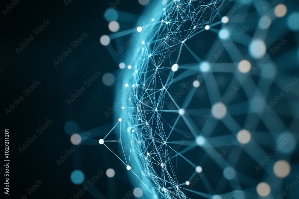 Poster an abstract digital illustration of a globe made from connected nodes and lines, symbolizing global 