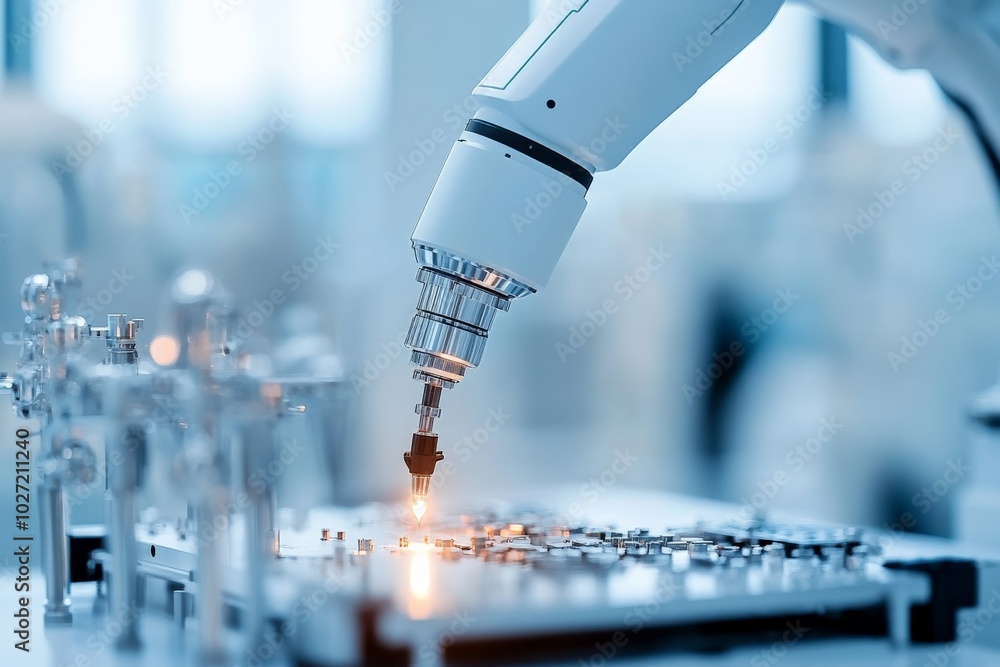 Poster a robotic arm precision-working on an electronic circuit highlights modern automation and accuracy, 