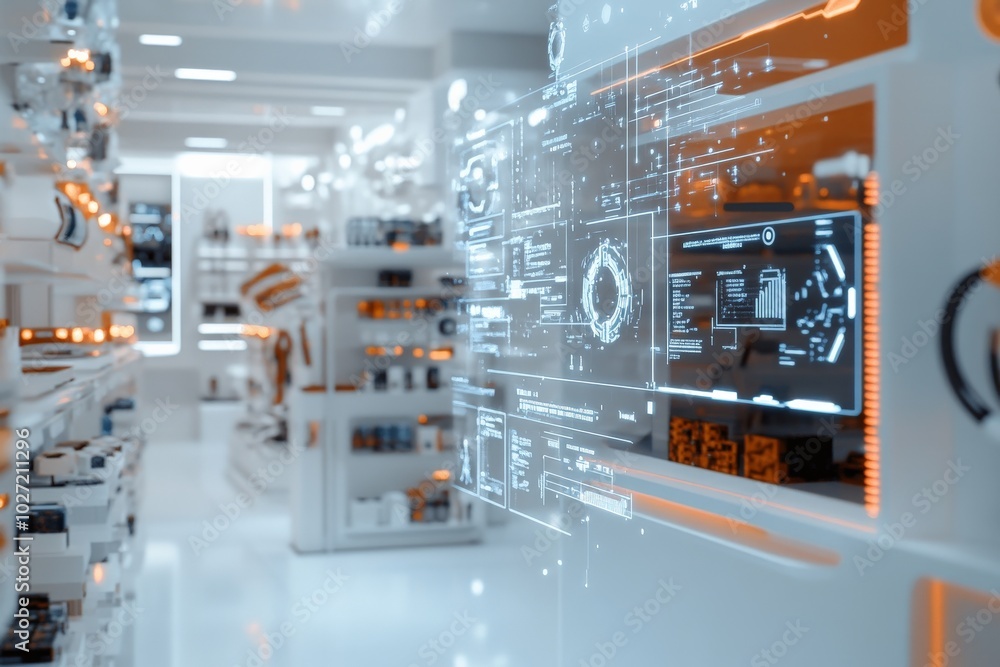 Poster a sophisticated, high-tech lab environment showcasing digital interfaces glowing with data, suggesti