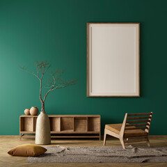 Mock up poster frame in boho style decorated livinig room. Modern, authentic Interior design of...