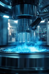 Close-up of a robotic arm holding three test tubes above a blue liquid in a laboratory setting.