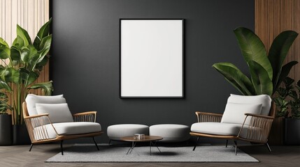 Modern living room with two armchairs, a small round coffee table, large green plants, and a blank picture frame on a dark wall.