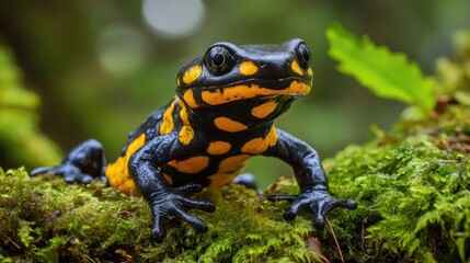 Naklejka premium Fire salamander posing on moss in the forest