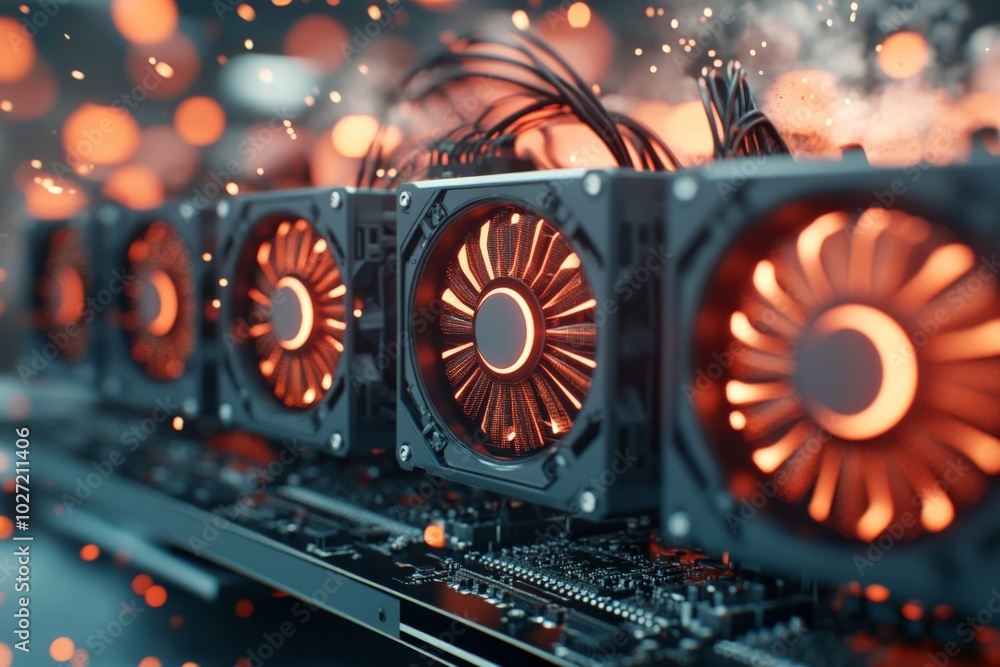 Poster A row of high-tech GPU units emitting a fiery glow represents the cutting-edge of computing power and data processing, emphasizing efficiency and innovation.