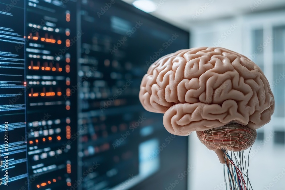 Poster a model of a human brain juxtaposes an advanced data analytics interface, highlighting the convergen