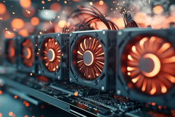 A row of high-tech GPU units emitting a fiery glow represents the cutting-edge of computing power and data processing, emphasizing efficiency and innovation.