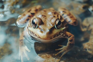 Curious frog resting in a pond looking at camera