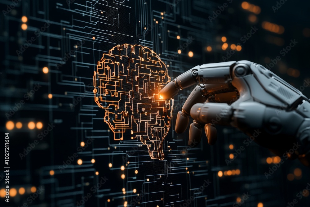 Poster a robotic hand touches a digital brain interface, representing the intersection of artificial intell