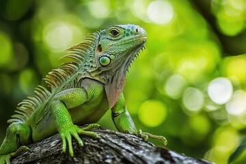 Fototapeta premium Green iguana posing on a tree branch in tropical forest