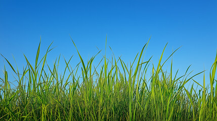 Fototapeta premium Rozległa łąka pokryta świeżą, zieloną trawą rozciąga się pod błękitnym, bezchmurnym niebem. 