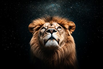 Fototapeta premium A powerful lion gazing upward towards a stunning starry cosmic background, conveying themes of majesty, strength, and the endless awe of the natural and cosmic worlds.