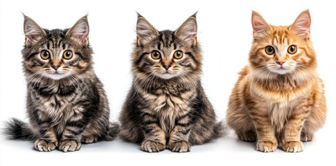 Three kittens, two tabby and one ginger, sitting in a row on white background.