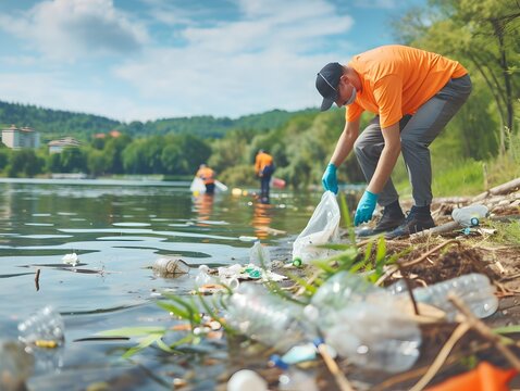 Volunteers Cleaning River to Protect Aquatic Environment from Plastic Pollution