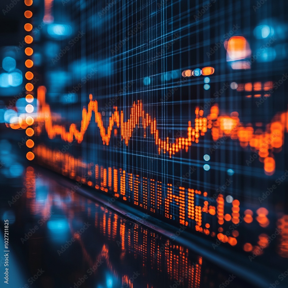 Wall mural Close-up of a stock market chart showing fluctuating data, illuminated by city lights.