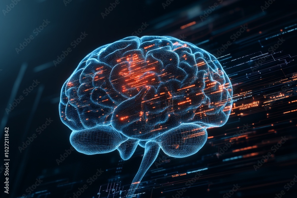 Poster an illuminated artificial human brain showcases digital connections, representing advanced technolog