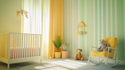 interior of a room with a window, A pastel-colored walls, a crib with soft bedding, stuffed animals, and a mobile hanging above, with a cozy rocking chair in the corner