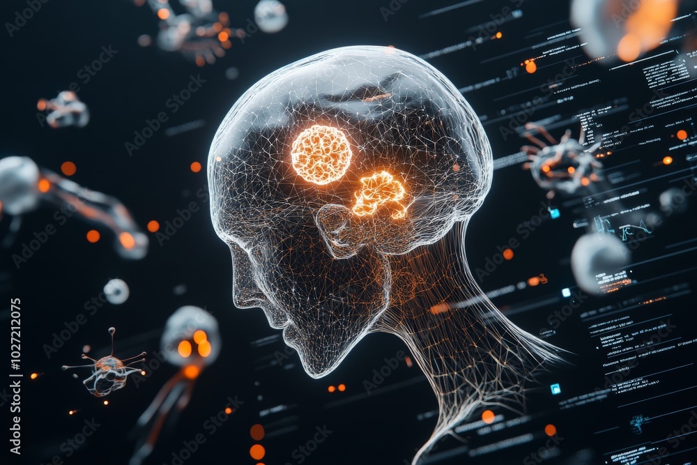Poster a conceptual 3d image displaying the human brain's neural connections intertwined with digital inter