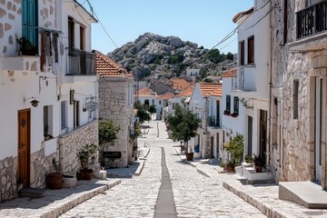 A peaceful cobblestone street lined with white-stone houses and terracotta roofs captures the essence of a quaint Mediterranean village on a sunny day.