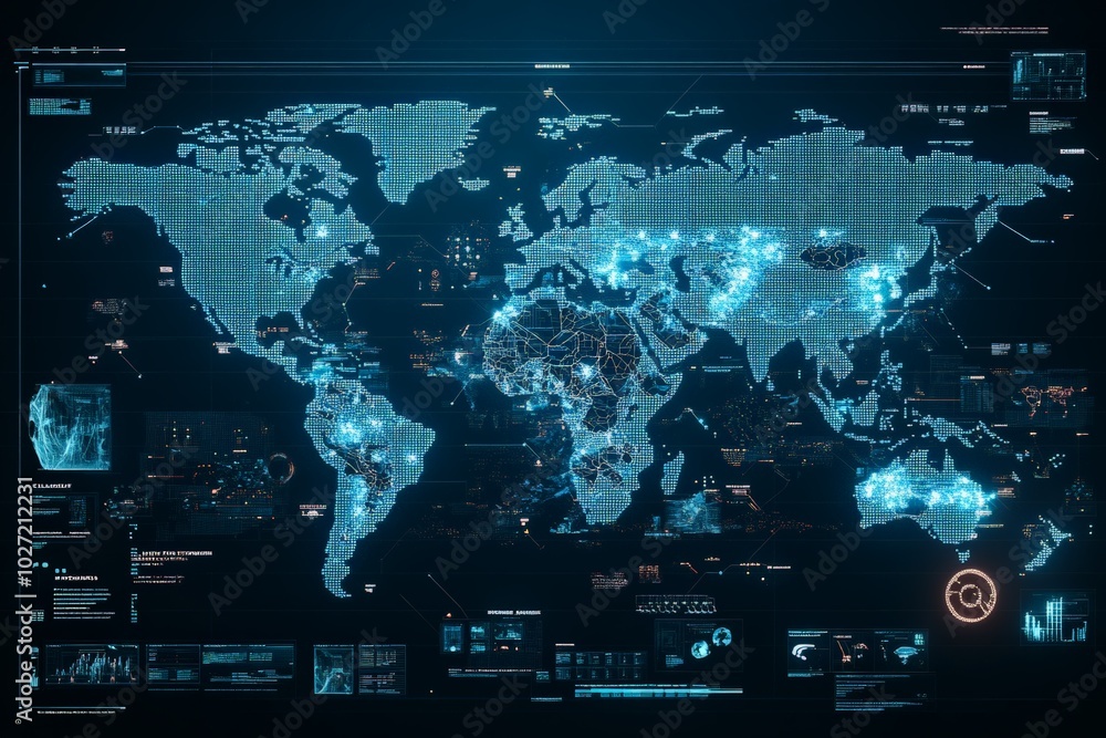 Poster a comprehensive digital map illustrating global network pathways, highlighting interconnectedness an