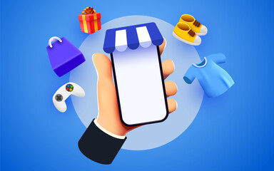 Hand holding mobile smart phone with shop app and fashion items. Online shopping concept.